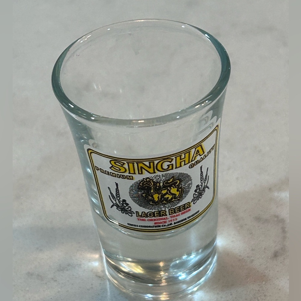 Singha lager Thai beer shot glass 2 3/4” tall Golden Mystical Lion BOGO
